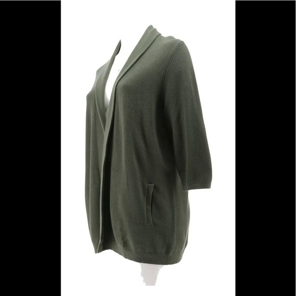 Lands' End 3/4 Sleeve Textured Cardigan Sweater Dark Olive Green - Picture 2 of 6